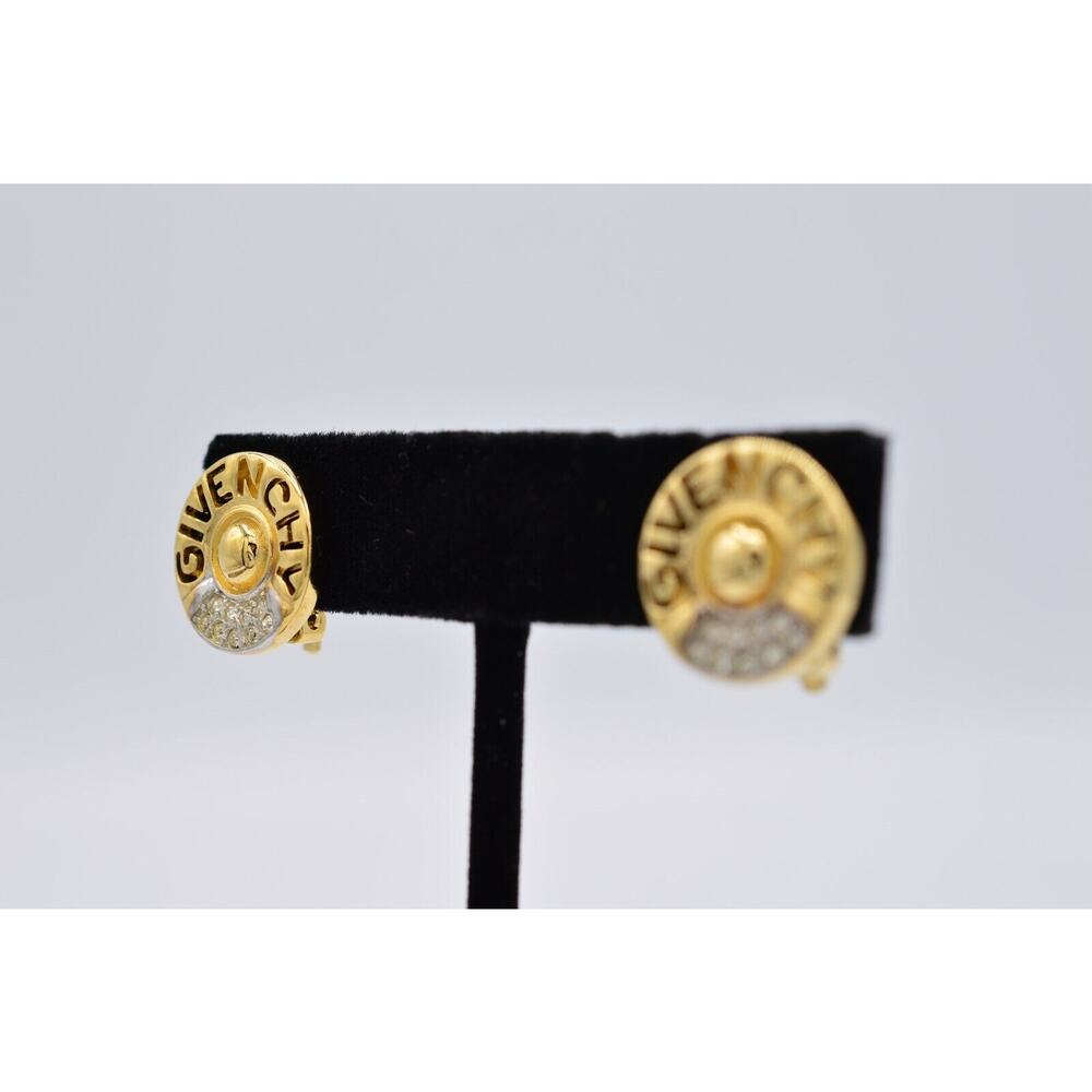 Givenchy Vintage Logo Clip Earrings Gold Rhinestone Crystal Round Signed BinAE - Picture 3 of 10